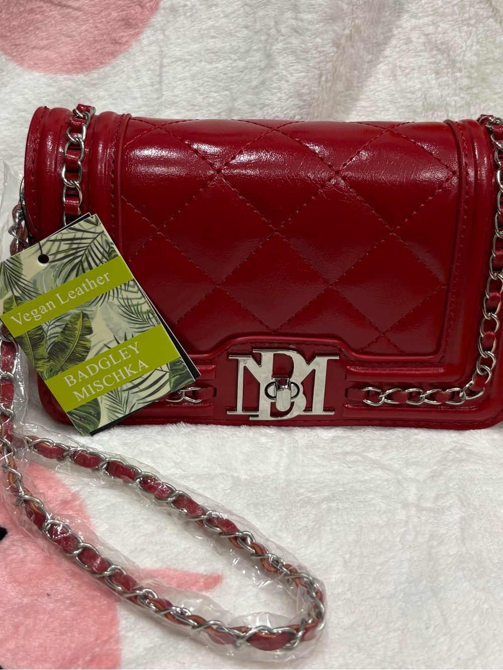 Badgley Mischka Red Quilted Vegan Leather Chain Shoulder Bag